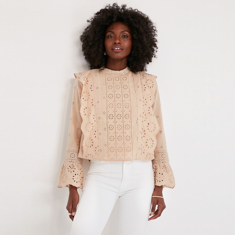 Tuckernuck Cream Bell Sleeve Blouse with Mandarin Collar